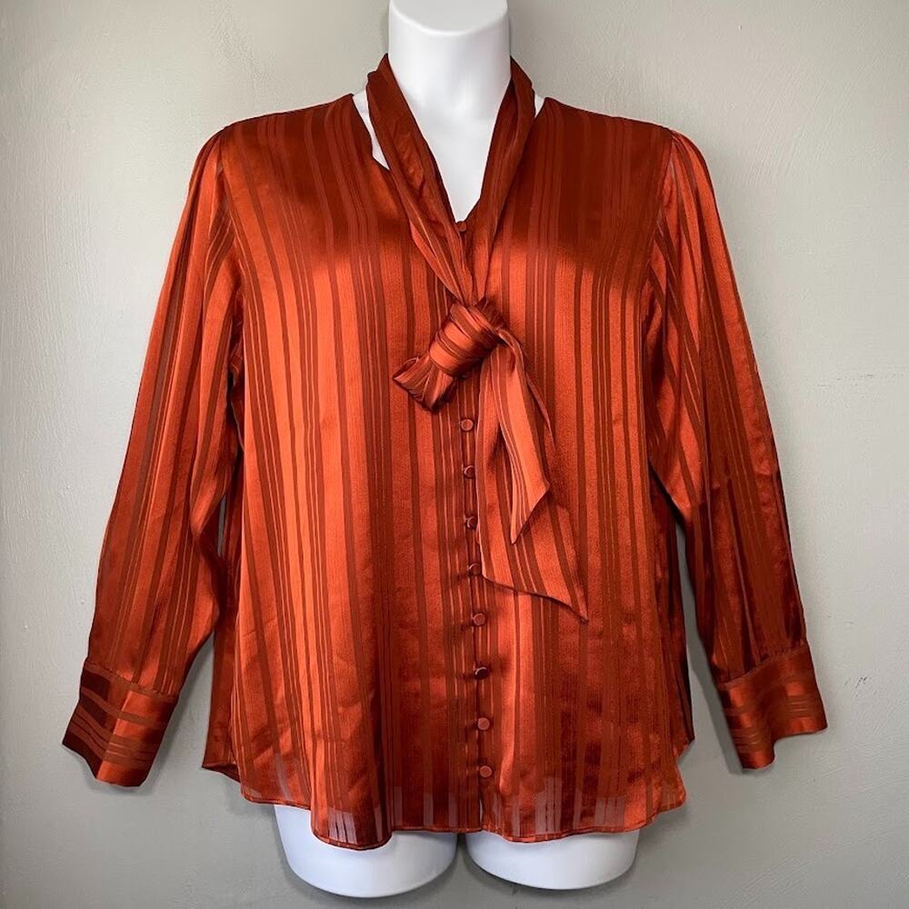Chicos Blouse Women 3 Size 16 18 Burnt Orange Satin Stripe Office Siren Glam Top